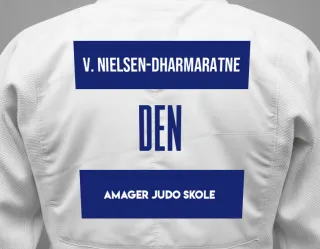 Judo GI with a backnumber showing the name Viola Bernhard Nielsen-Dharmaratne from Amager Judo Skole