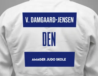 Judo GI with a backnumber showing the name Vitus Damgaard-Jensen from Amager Judo Skole