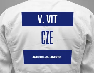 Judo GI with a backnumber showing the name Vostrel Vit from JudoClub Liberec