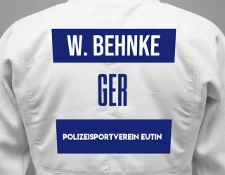 Judo GI with a backnumber showing the name Wibke  Behnke from Polizeisportverein Eutin
