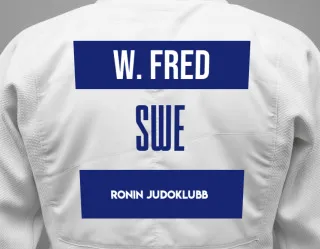 Judo GI with a backnumber showing the name Wictor Fred from Ronin Judoklubb