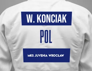 Judo GI with a backnumber showing the name Wiktor Konciak from MKS Juvenia Wrocław