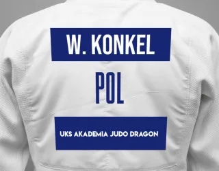 Judo GI with a backnumber showing the name Wiktor Konkel from UKS Akademia Judo Dragon
