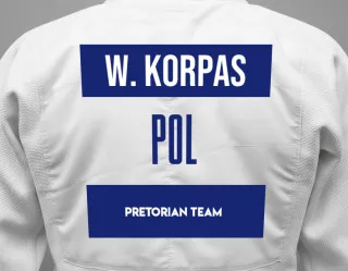 Judo GI with a backnumber showing the name Wiktor Korpas from Pretorian Team