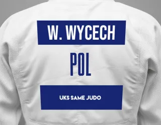 Judo GI with a backnumber showing the name Wiktoria Wycech from UKS Same Judo