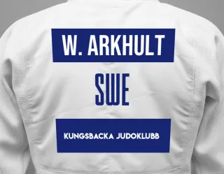 Judo GI with a backnumber showing the name William Arkhult from Kungsbacka Judoklubb
