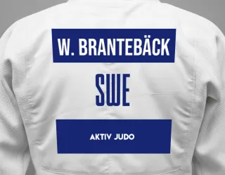Judo GI with a backnumber showing the name William Brantebäck from Aktiv Judo