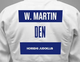 Judo GI with a backnumber showing the name William Martin from Horsens Judoklub