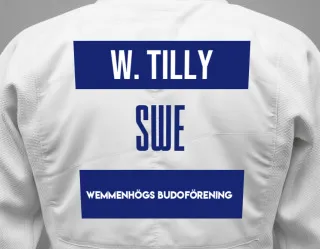 Judo GI with a backnumber showing the name William Tilly from Wemmenhögs Budoförening
