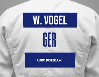 Judo GI with a backnumber showing the name Willy Vogel from UJKC Potsdam