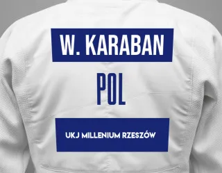 Judo GI with a backnumber showing the name Wolodimir Karaban from UKJ Millenium Rzeszów