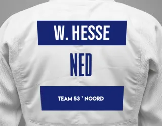 Judo GI with a backnumber showing the name Wouter Hesse from Team 53 ° Noord