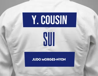Judo GI with a backnumber showing the name Yael Cousin from Judo Morges-Nyon