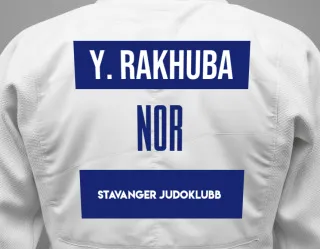 Judo GI with a backnumber showing the name Yaroslav Rakhuba from Stavanger Judoklubb