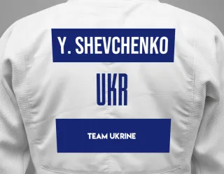 Judo GI with a backnumber showing the name Yelyzaveta Shevchenko from Team Ukrine
