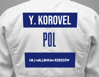 Judo GI with a backnumber showing the name Yevhen Korovel from UKJ Millenium Rzeszów