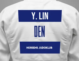 Judo GI with a backnumber showing the name Yiran Lin from Horsens Judoklub