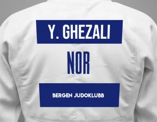 Judo GI with a backnumber showing the name Youcef Ghezali from Bergen Judoklubb