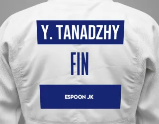 Judo GI with a backnumber showing the name Yurii Tanadzhy from Espoon JK