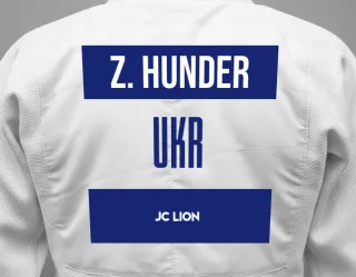 Judo GI with a backnumber showing the name Zakhar Hunder from JC LION