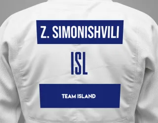 Judo GI with a backnumber showing the name Zaza Simonishvili from Team Island