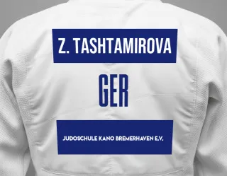 Judo GI with a backnumber showing the name Zhannat Tashtamirova from Judoschule Kano Bremerhaven e.V.