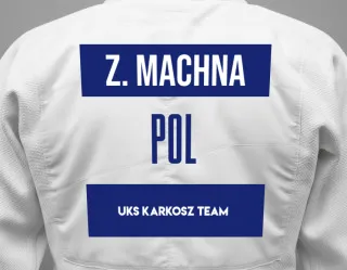 Judo GI with a backnumber showing the name Zofia Machna from UKS KARKOSZ TEAM